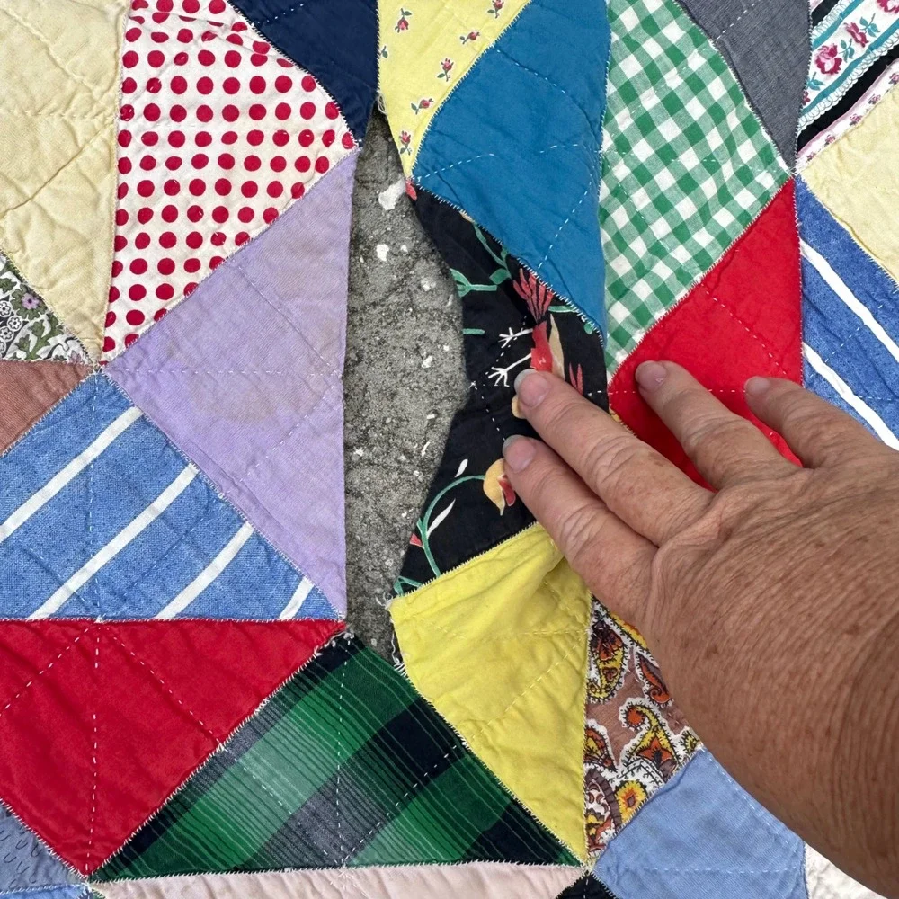 VTG Handmade Scrap Quilt Triangle Patchwork Primitive Cutter 77x82 Multi READ